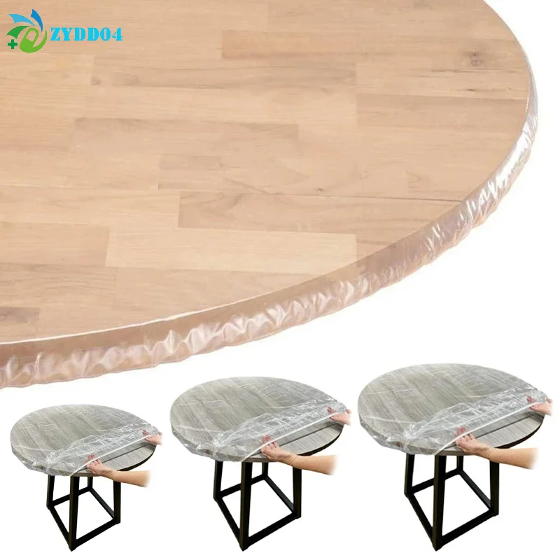 10Pcs Disposable Fitted Round Tablecloth Transparent Waterproof Oil-Proof Table Cover Protector Cloth Dining Table Covers