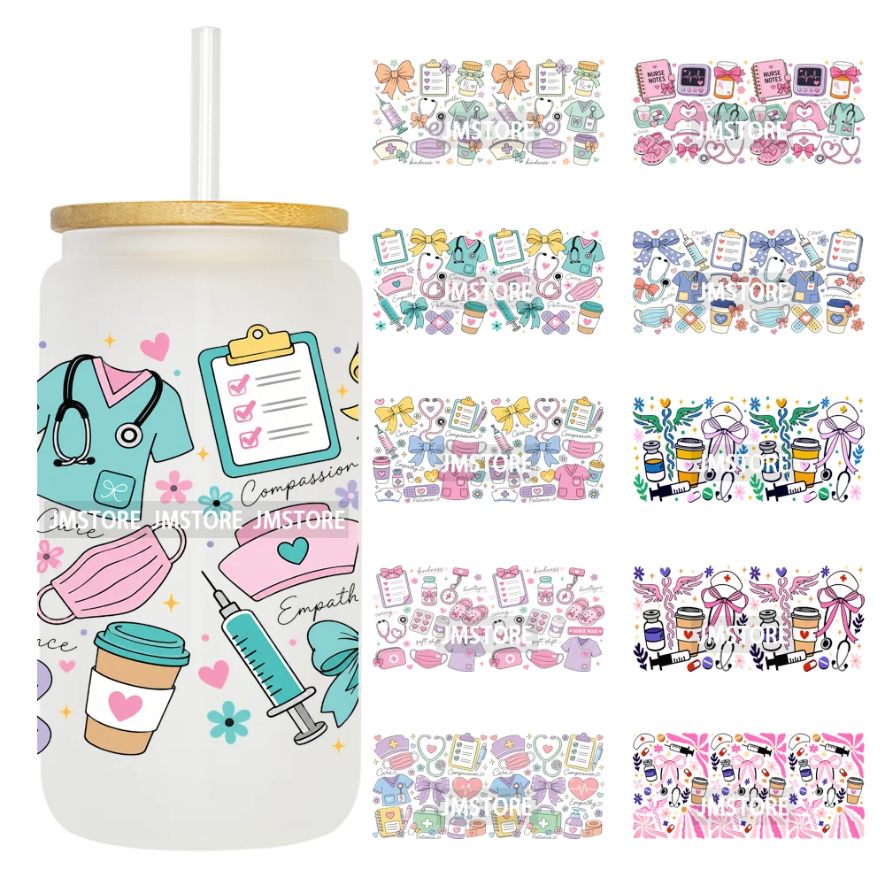 Coquette Bow Nurse Life RN CNA UV DTF Cup Wrap Ready To Apply Transfer Stickers Durable DIY Decoration For 16OZ Libbey Glass Can