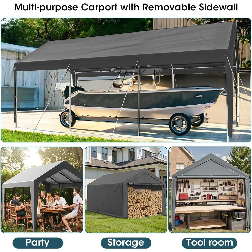 10×20 Carport Portable Garage Heavy Duty with Sidewalls, Reinforeced Metal Frame, Waterproof Carport Canopy