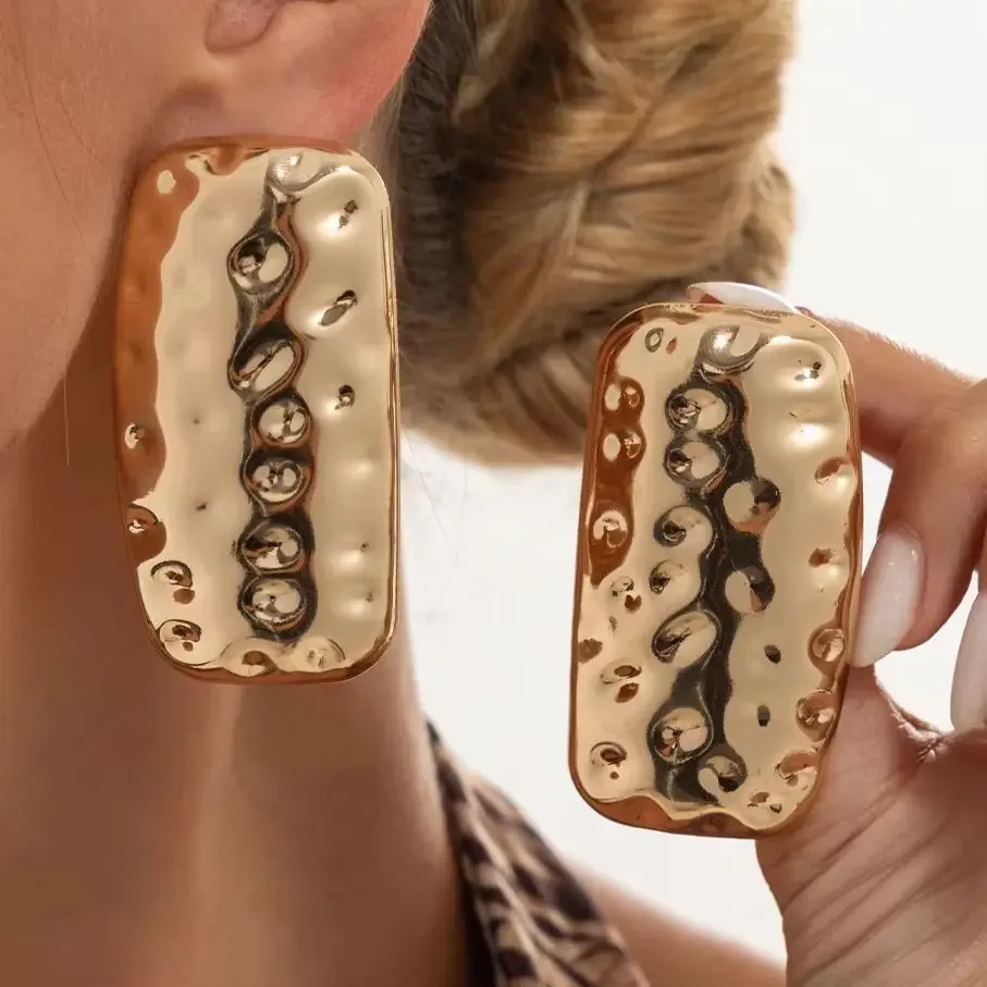 New Creative Rectangle Texture Stud Earrings for Women Vintage Geometry Metal Piercing Earrings Charm Jewelry Accessories