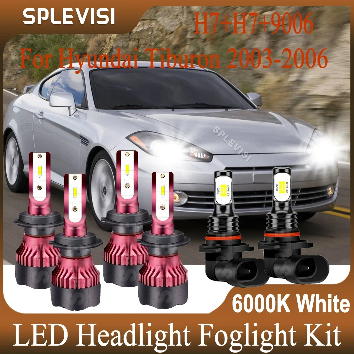 Car Lights LED Headlight  High Low Beam Foglight White Replacement Halogen Bulbs  For Hyundai Tiburon 2003 2004 2005 2006