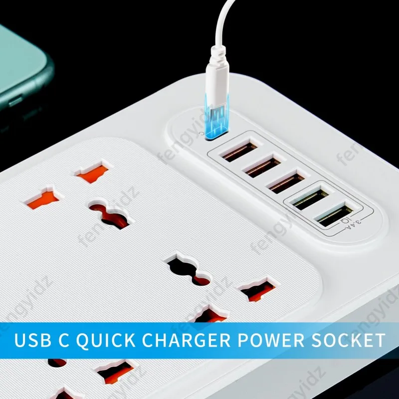 Power Multi Tap Universal Plug EU AU UK Outlet Power Strip with 2m Extension Cord AC Type C USB Port Charge Electrical Socket