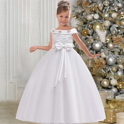 Girls Long White Bridesmaid Dresses For Wedding Prom Gown Bow Flower Party Princess Dress Kids First Communion Birthday Clothing