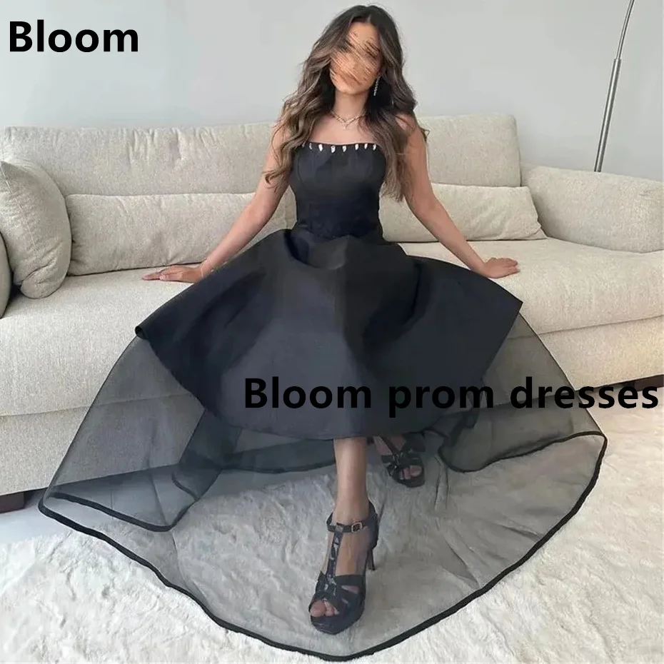 Bloom Customized Saudi Arabia Black Satin Formal Women Evening Dresses Strapless Sexy Prom Dress sleeveless Wedding Party Gowns