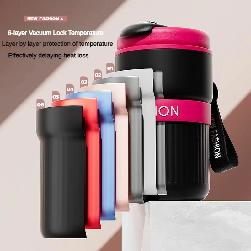 New 316 Stainless Steel Mug Ceramic Coated Liner Coffee Cup 450ML Portable Simple Stripes Couple Thermos Coffee Cup Water Bottle