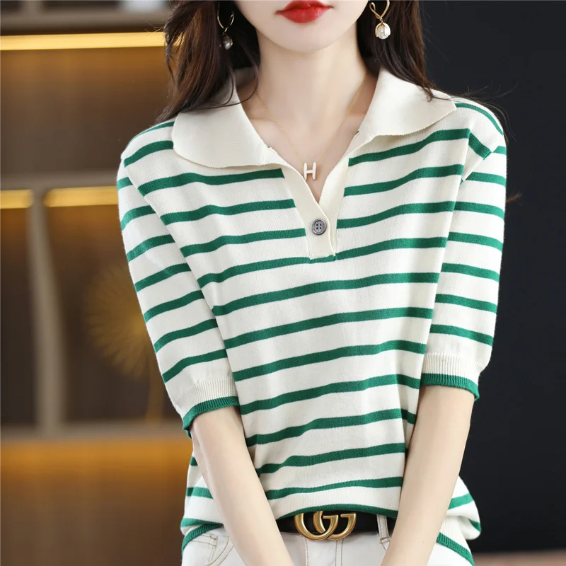 

Women's T-shirt Summer 100% Cotton Sweater Short Sleeve Striped POLO Collar Ladies Tops Loose Blouse Fashion Pullover Tees