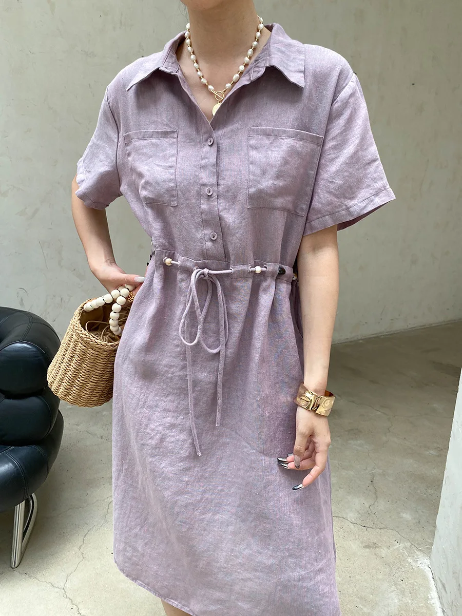Sommerliches Damen-Freizeitkleid in Uni-Farbe mit Perlenbesatz, Kordelzug und tailliertem Schnitt – Detail 18