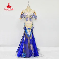 Belly Dance Performance Set Customized Pearl Diamond Bra+Sexy Split Tassel Long Skirt 2pcs Oriental Dance Competition Clothing