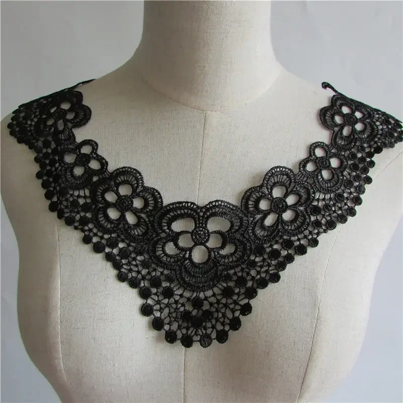 Apliques de tela de encaje negro, bordado de costura, cuello de encaje, escote, adorno artesanal, accesorios decorativos para ropa de mujer, álbum de recortes