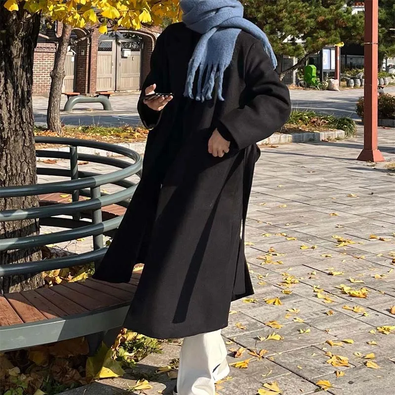 

Thiened Woolen Coat Men's Autumn Cotton Lined Briti Sle Casual Coat Long Zipper Decorated Loose Fit Youthful Sle