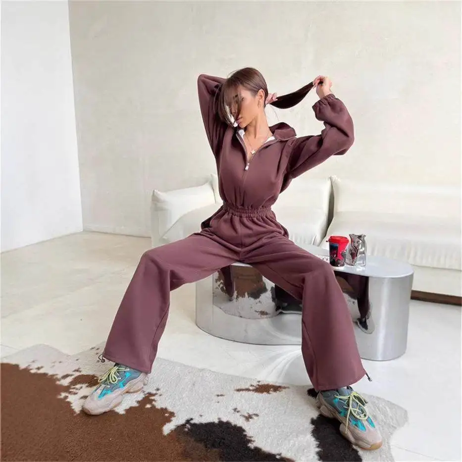 

Casual Pure Color Women's Rer Faion Long Sve Zipper Collar Jumpsuit Long Pants Fem Clothing One-Piece Suit