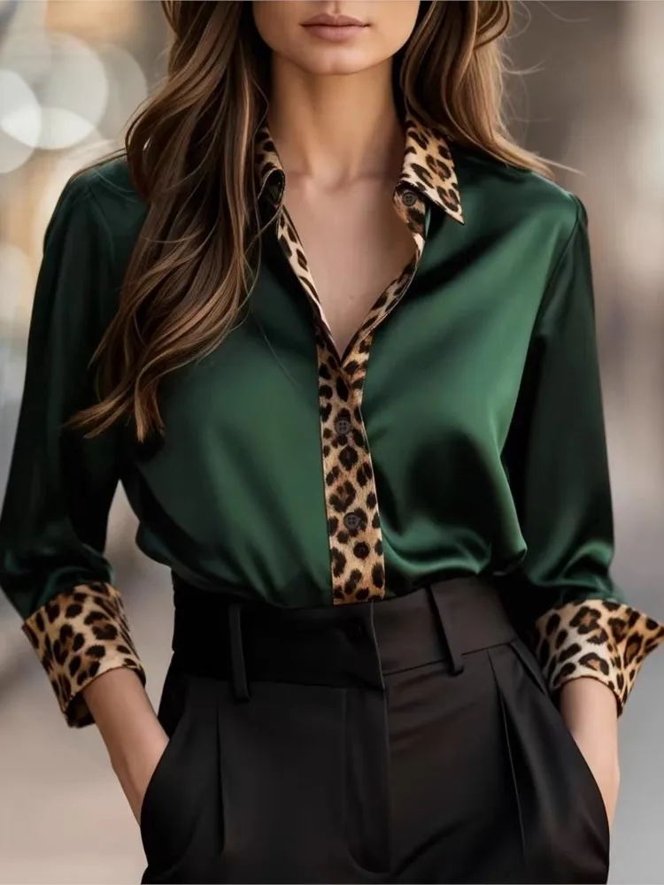

Women's Satin Shirts Elegant Plain Splice Leopard Long Sleeve Blouse Office Lady Button-Up Shirt Top Female Lapel Blouse Spring