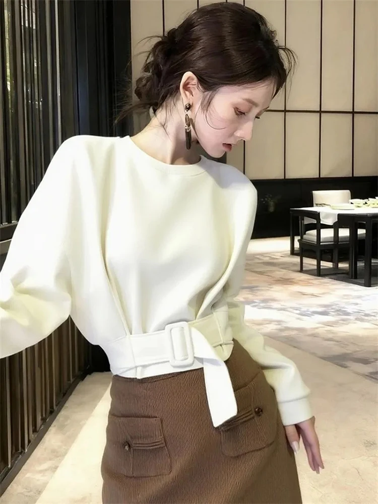 

Корейские белые укороченные толстовки для женщин, офисные женские элегантные пуловеры на шнуровке с круглым вырезом, шикарные нежные женские повседневные топы с длинными рукавами, новые