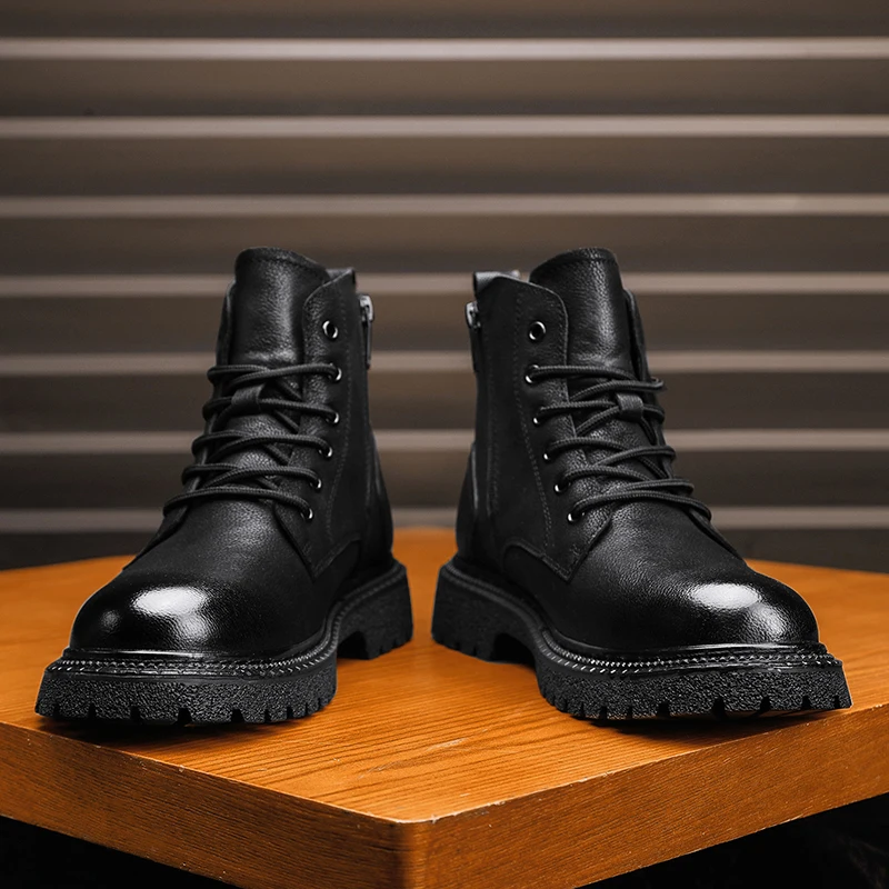

Men Black Autumn Winter New Thick Soled High Top Boots Retro Trend Cotton Warmth High-quality Button Up Motorcycle Boots