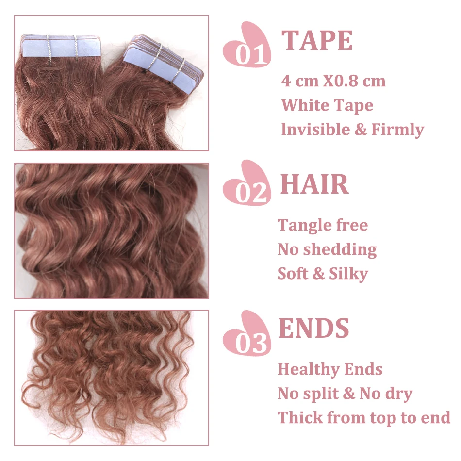 2 G/stks Diepe Golf Tape In Human Hair Extensions Braziliaanse Bruine Kleur 100% Echte Remy Haar Huid Inslag Lijm Op Voor Vrouwen