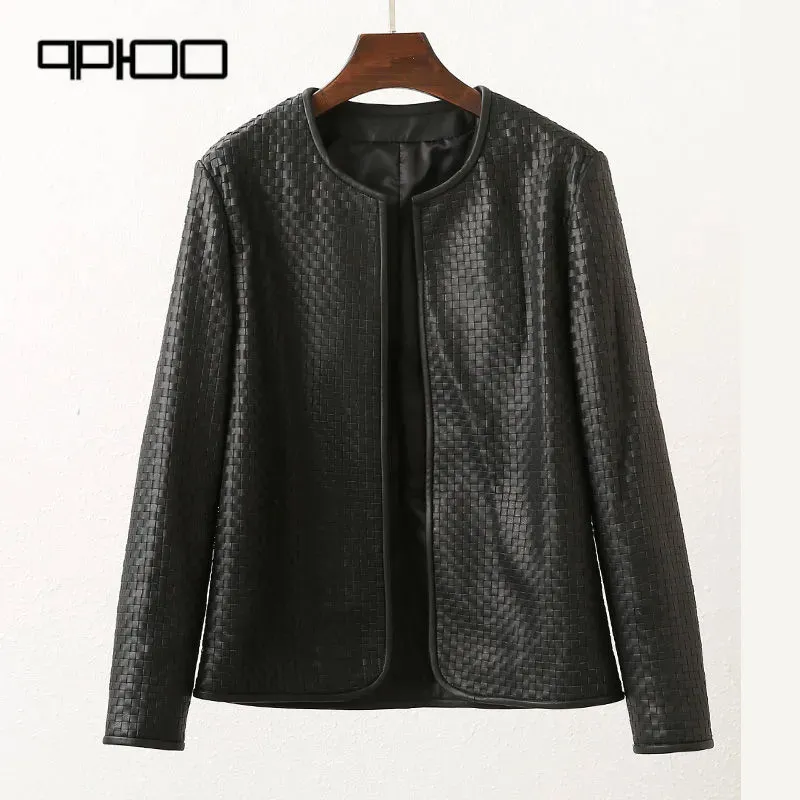 All hand woven sheep skin elegant temperament 2023 spring new leather leather women short round neck jacket jacket