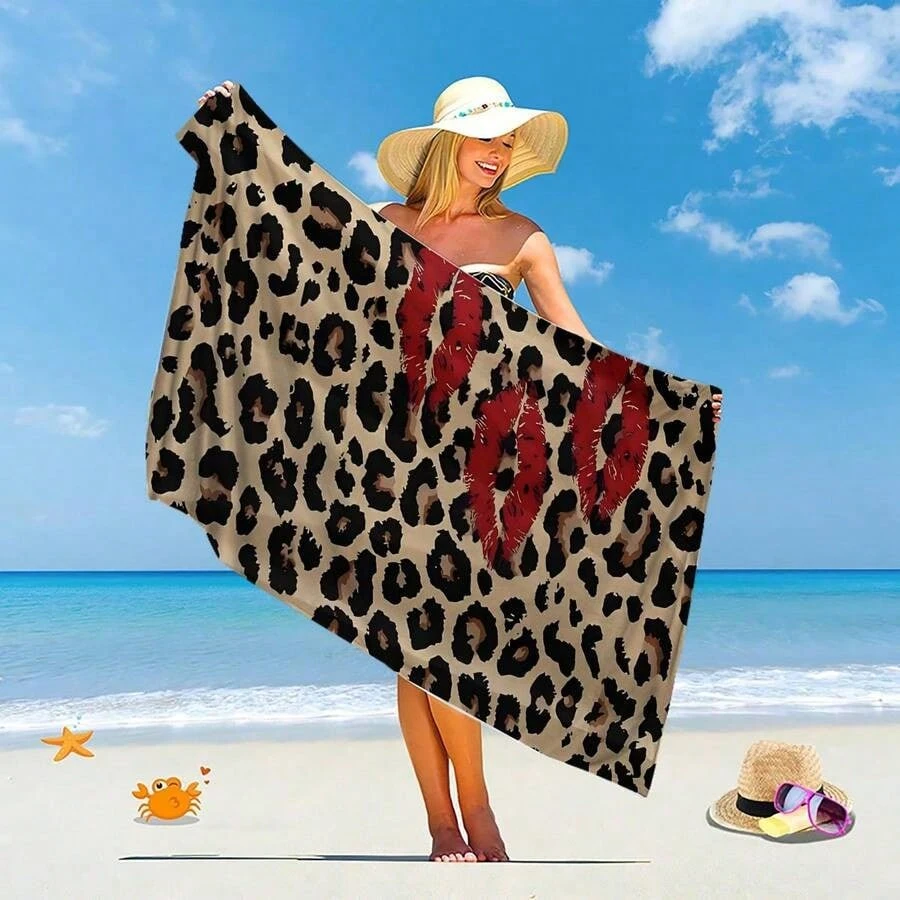 Leopard Print Red Lips Beach Towel Super Absorbent Quick Dry Microfiber Bath Towel Lightweight Sandproof Towels for Summer Beach