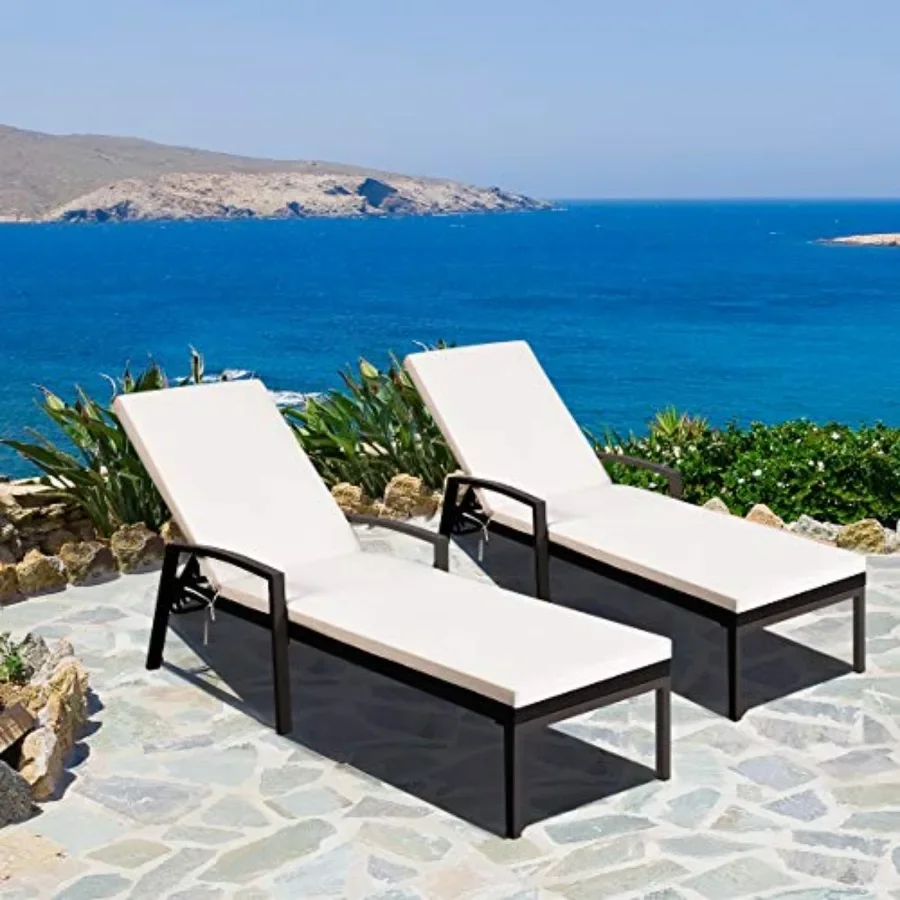 Patio chaise lounge set for outdoor use, rattan wicker material, beige color, adjustable backrest and armrest with padded cushi