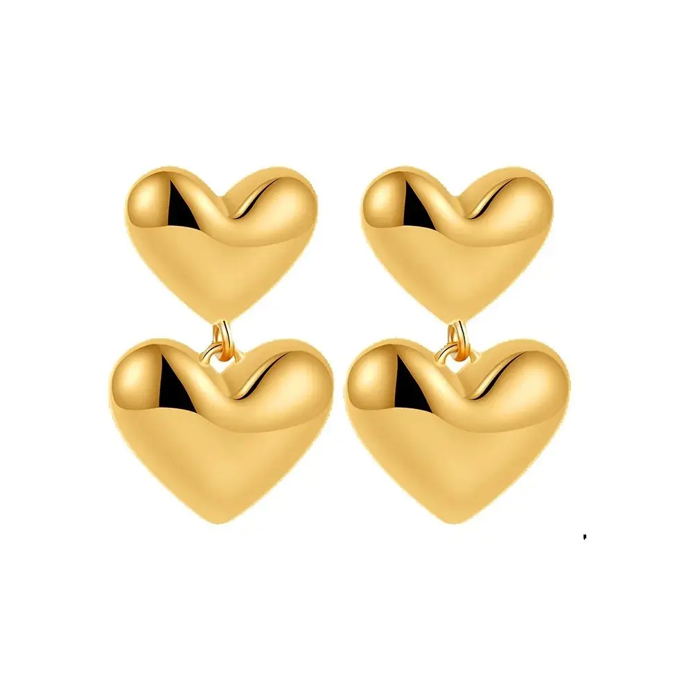 

Smooth Gold Color Double Love Heart Drop Earrings for Women 18K Gold Plated Thick Puff Heart Stud Earring Trendy Jewelry Gift