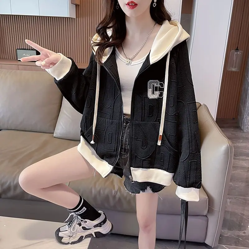 Fashion Spliced Letter Embroidery Hoodies Sweatshirts Female Clothing 2024 Autumn New Loose Young Style Tops Casual Sweatshirts