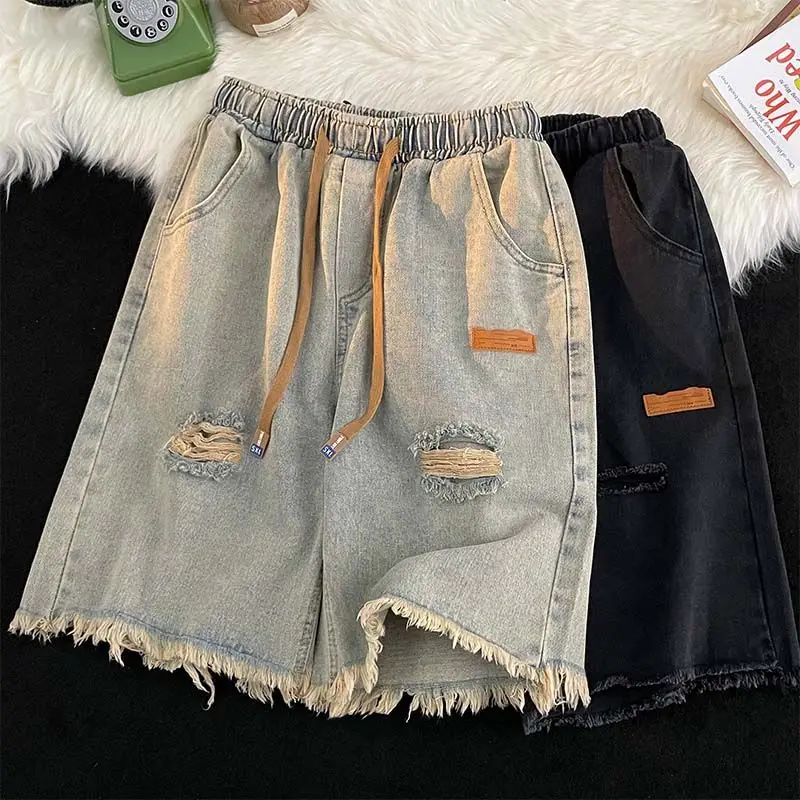 Men\'s Trendy Vintage Casual Streetwear Y2K Hole Jeans Short Pants 2024 Summer Youth Harajuku Pockets Loose Straight Denim Shorts