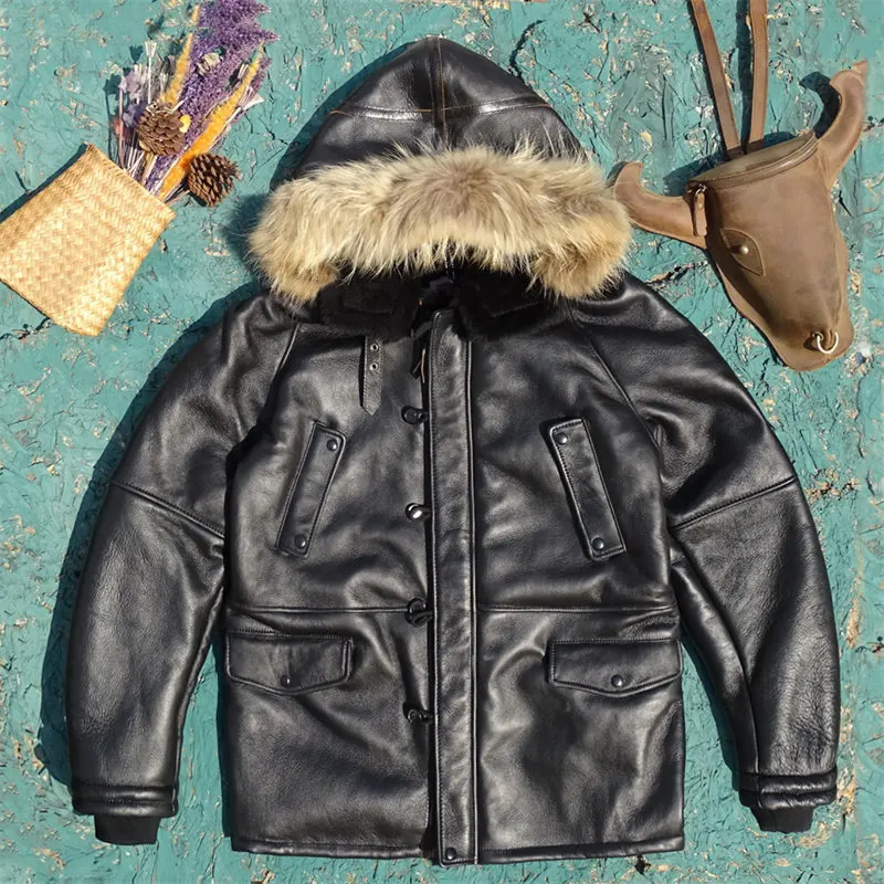 Black Hooded Winter Long Shearling Jacket Men Casual Style Plus Size 4XL Genuine Natural Sheepskin Thick Warm Coat