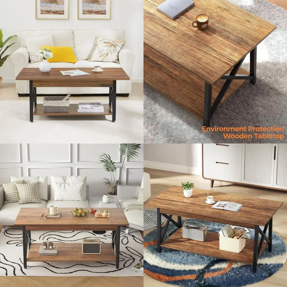 

Большой журнальный столик в стиле модерн (43 дюйма) с местом для хранения, конструкция X-образной рамы для гостиной, отделка под орех, простая сборка