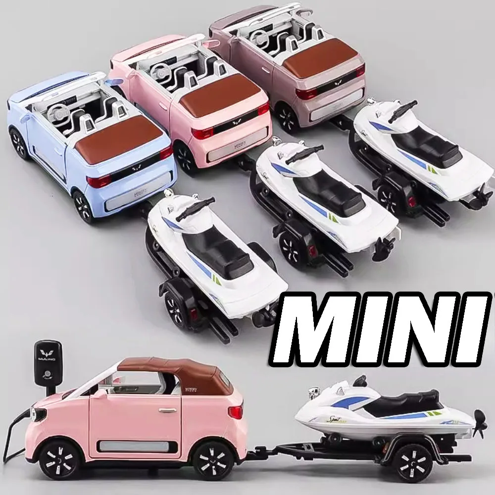1:24 wuling mini modelo de carro conversível brinquedos com uma barco a motor liga diecast som luz portas abertas puxar para trás para crianças presentes