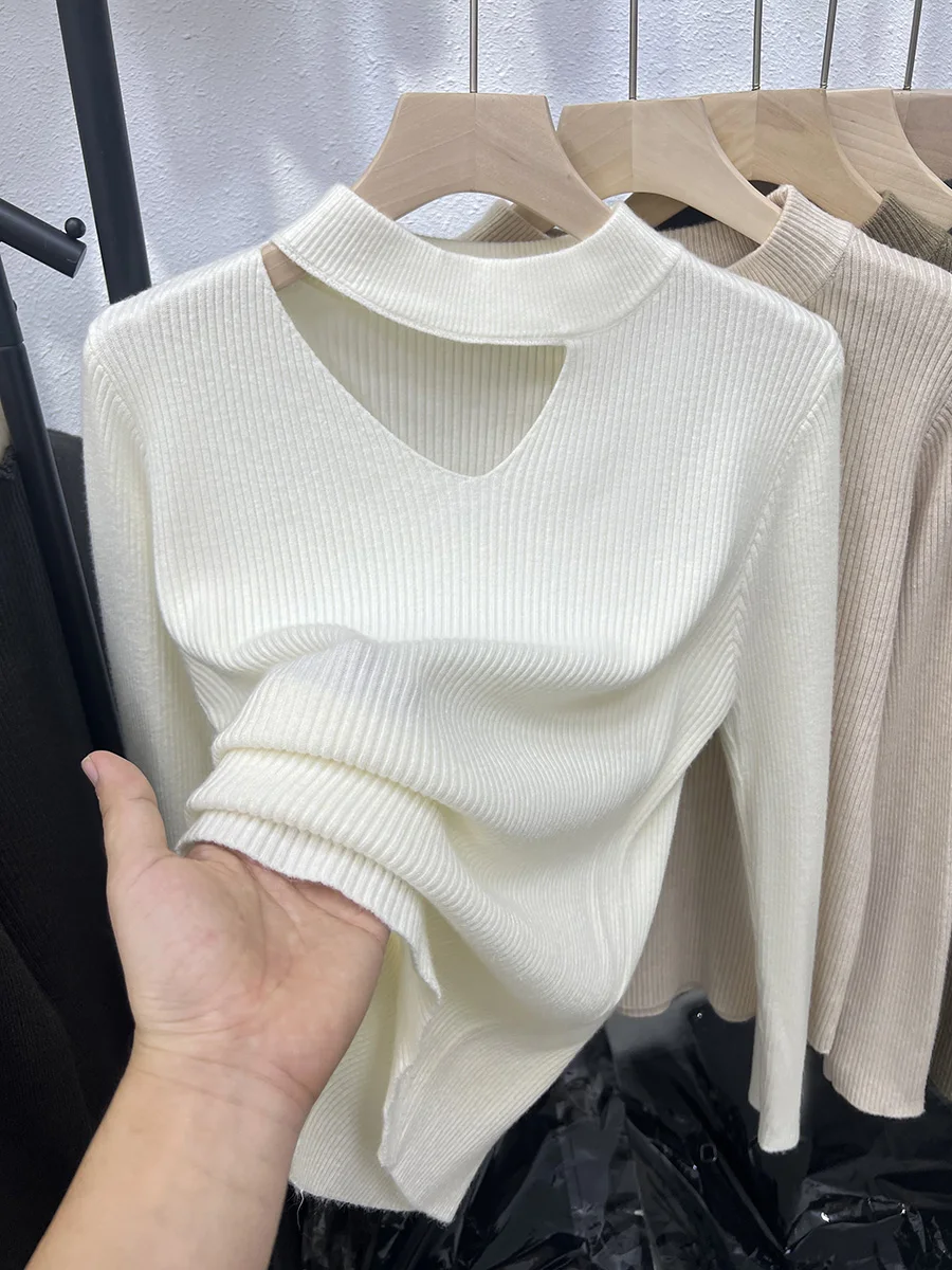 2026 Autumn Winter New Hollow‑Out Knit Women Pullover Mock‑Neck Slim Ribbed Sweater Stylish Versatile Layering Knit Base Tops