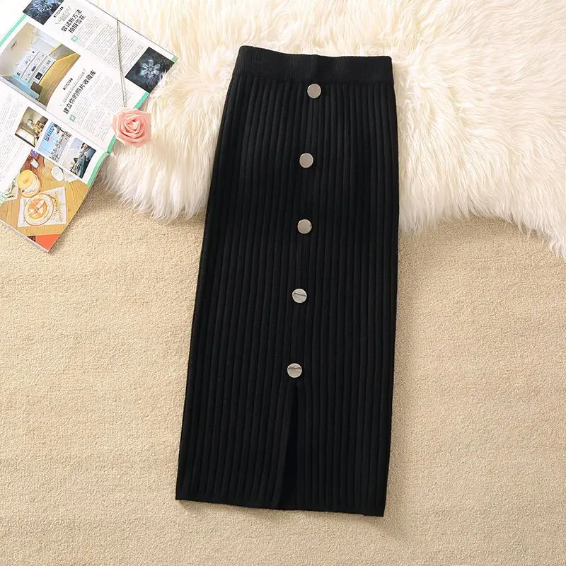 

Korean Front Split Bodycon Office Lady Long Skirt Elegant Slim Black Knitted Midi Skirts Female Fashion Button Decoration Skirt