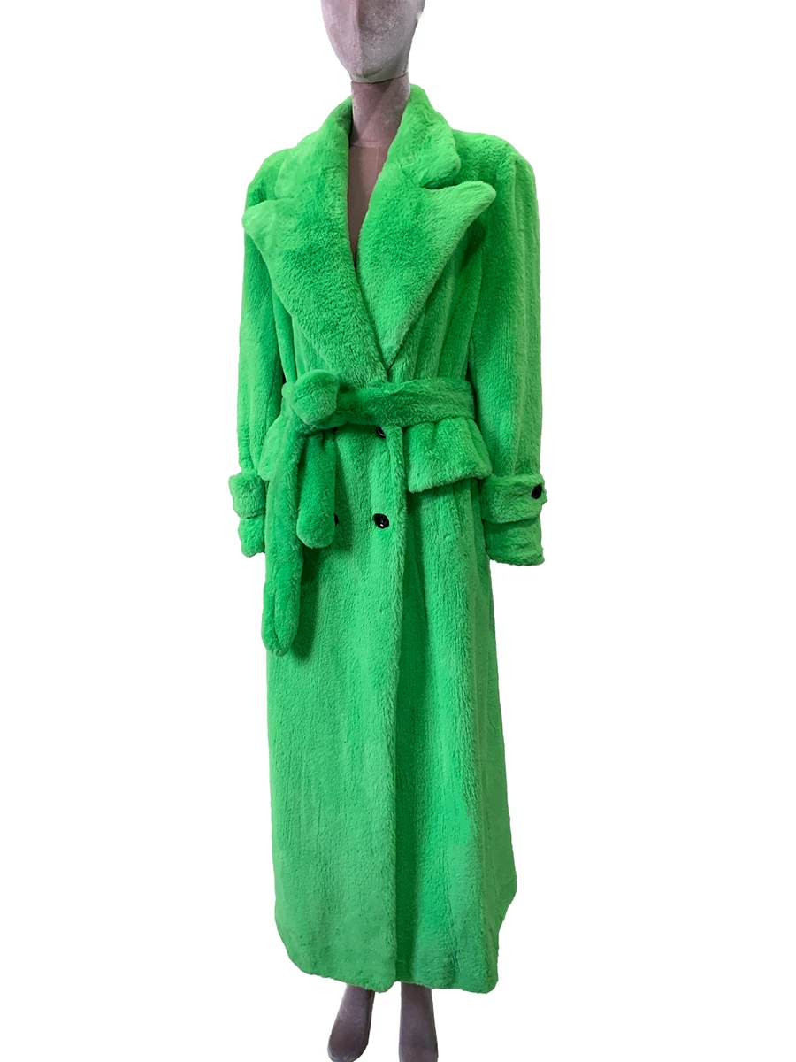 الخريف الشتاء المتضخم سجل إضافي مشرق الأخضر سميكة الدافئة لينة فو الفراء معطف المرأة الزنانير فضفاضة معطف رقيق غير رسمي 2025 #3