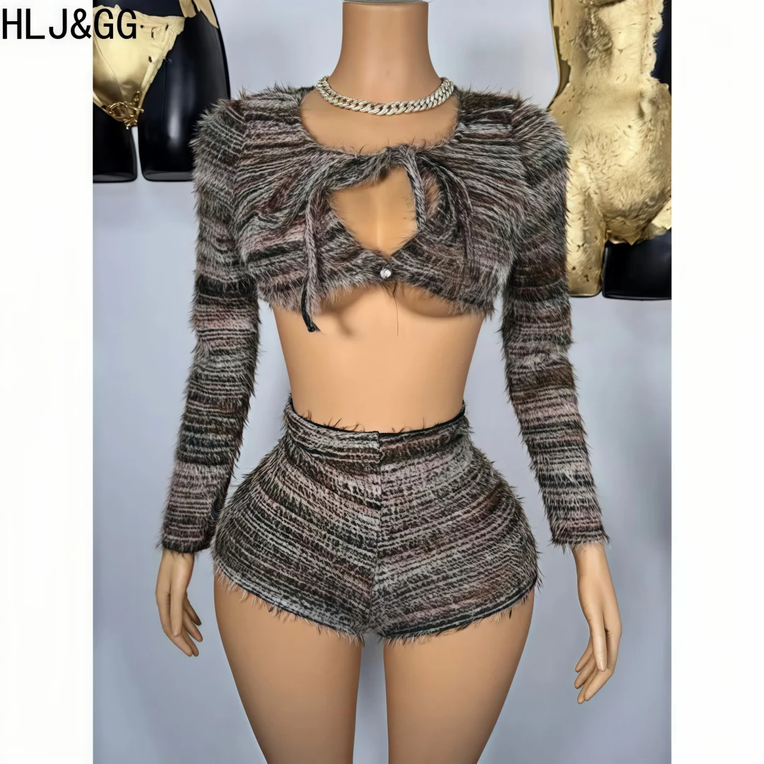 HLJ&GG Fashion Knit Stripe Hollow Out Two Piece Sets Women Bandage Long Sleeve Slim Crop Top + Shorts Outfits Sexy 2pcs Clothing