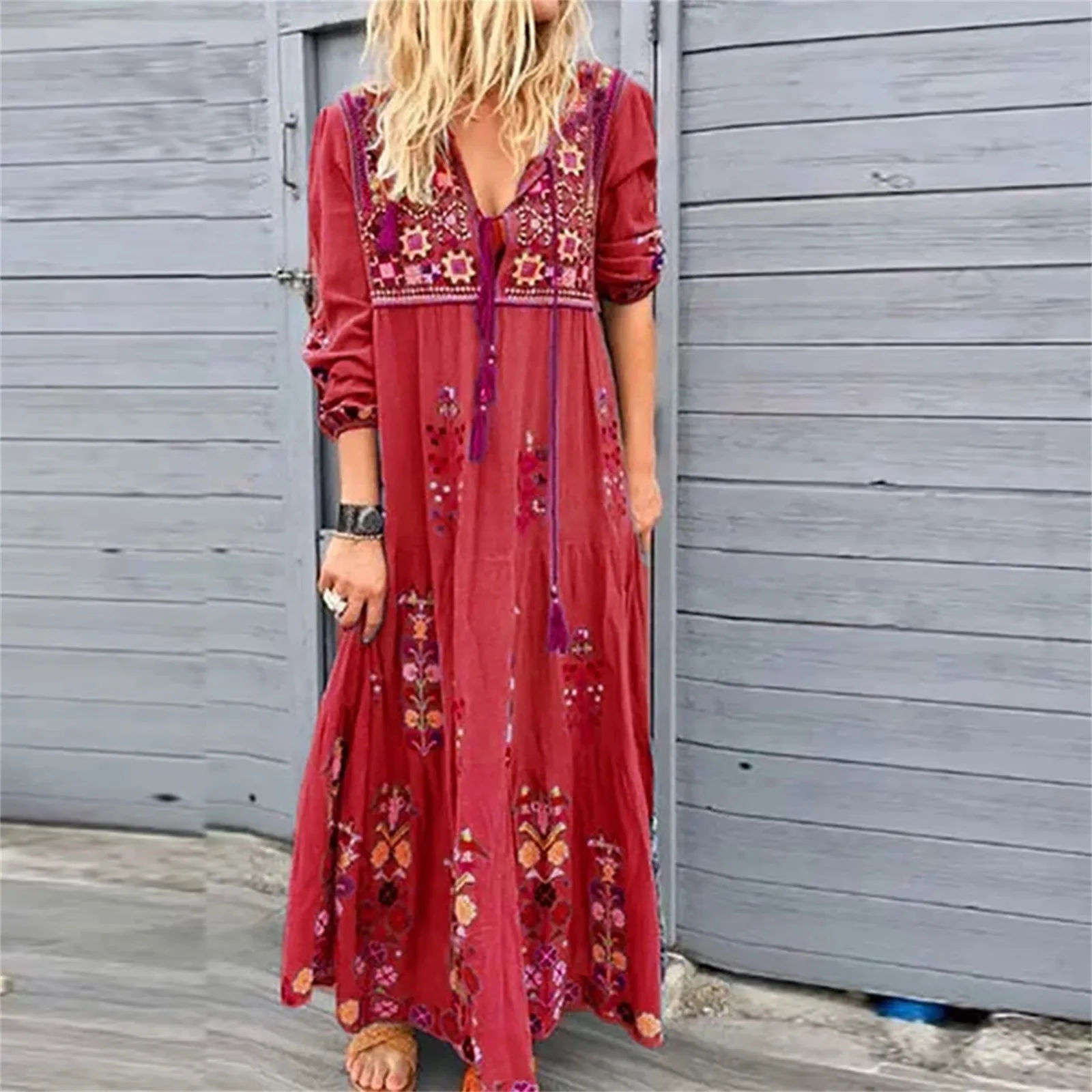 Fashion Vintage Ethnic Style Printed Long Dresses Long Sleeved Boho Beach Holiday Dress Plus Size Loose Casual Women\'s Dresses