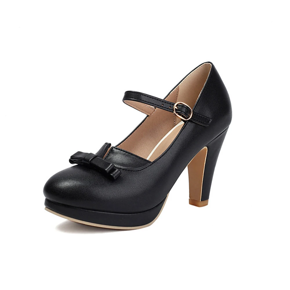 

Spring New High Heels Women Fashion Bow Round Toe T Strap Buckle Pumps Wedding Party Dress Platform Shoes Big Size 48 A4-5