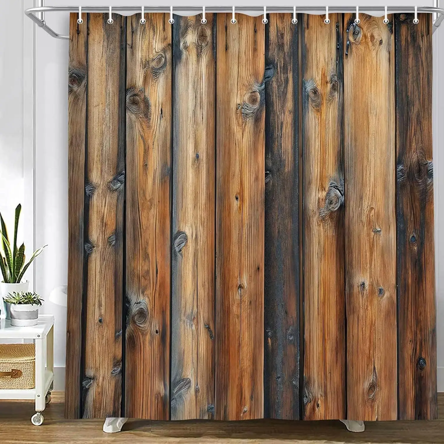 

Rustic Farmhouse Shower Curtain Vintage Wooden Board Barn Door Country Rural Theme Waterproof Bathroom Decor with Hooks