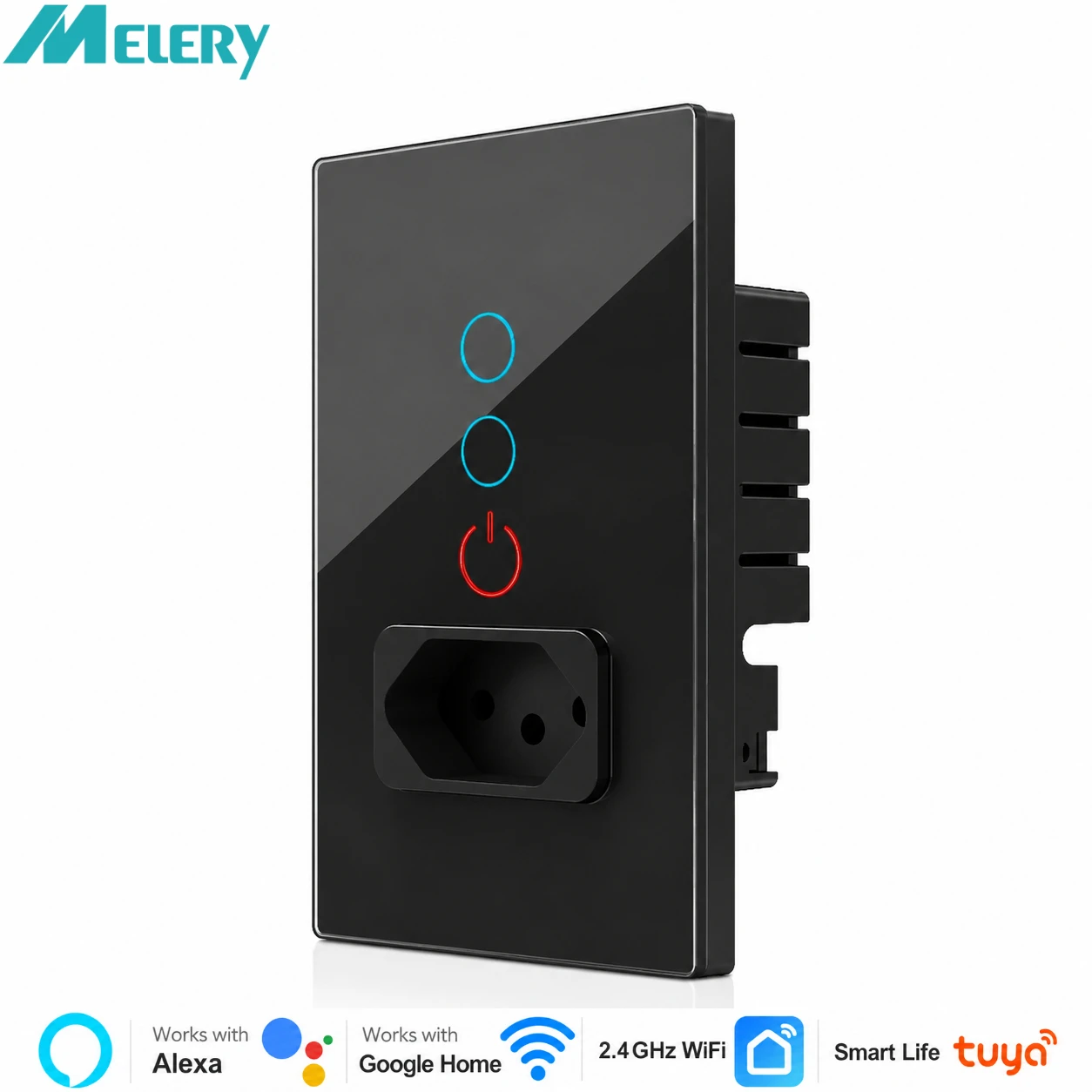 Melery Tuya Brazil Light Switch Wifi Smart Wall Socket Plug 10A Outlet Glass Panel Intelligent by Alexa Google Home Assistant
