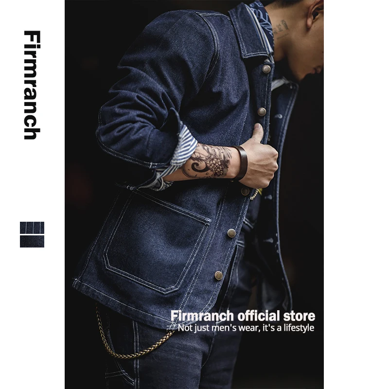 Firmranch Men High Quality Primary Color Denim jacket American Vintage Casual Wear Amekaji Retro Stripe Motorcycle Cargo Coat