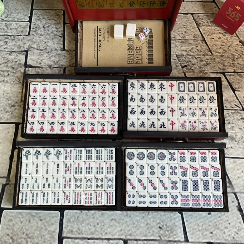 Portable Chinese Mahjong Set with Vintage Red Storage Wooden Box 144 Tiles Mah Jong Game Kit for Family Travel Party