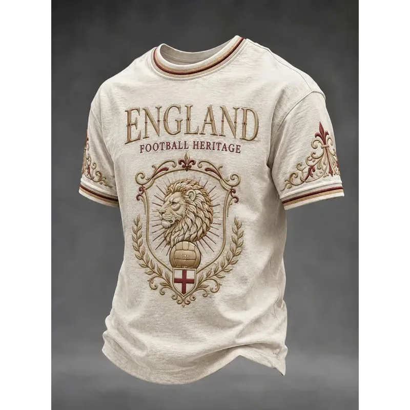 Vintage Retro 3D Printed England Inspired Fan T‑Shirt Unisex Round Neck Short‑Sleeve Breathable Football Heritage Casual Tee