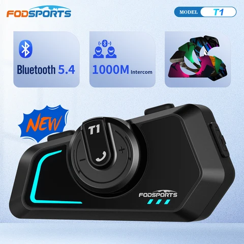 Fodsports T1 мотоциклетная гарнитура, беспроводная Bluetooth гарнитура для шлема, 1000м, BT5.4, FM радио.