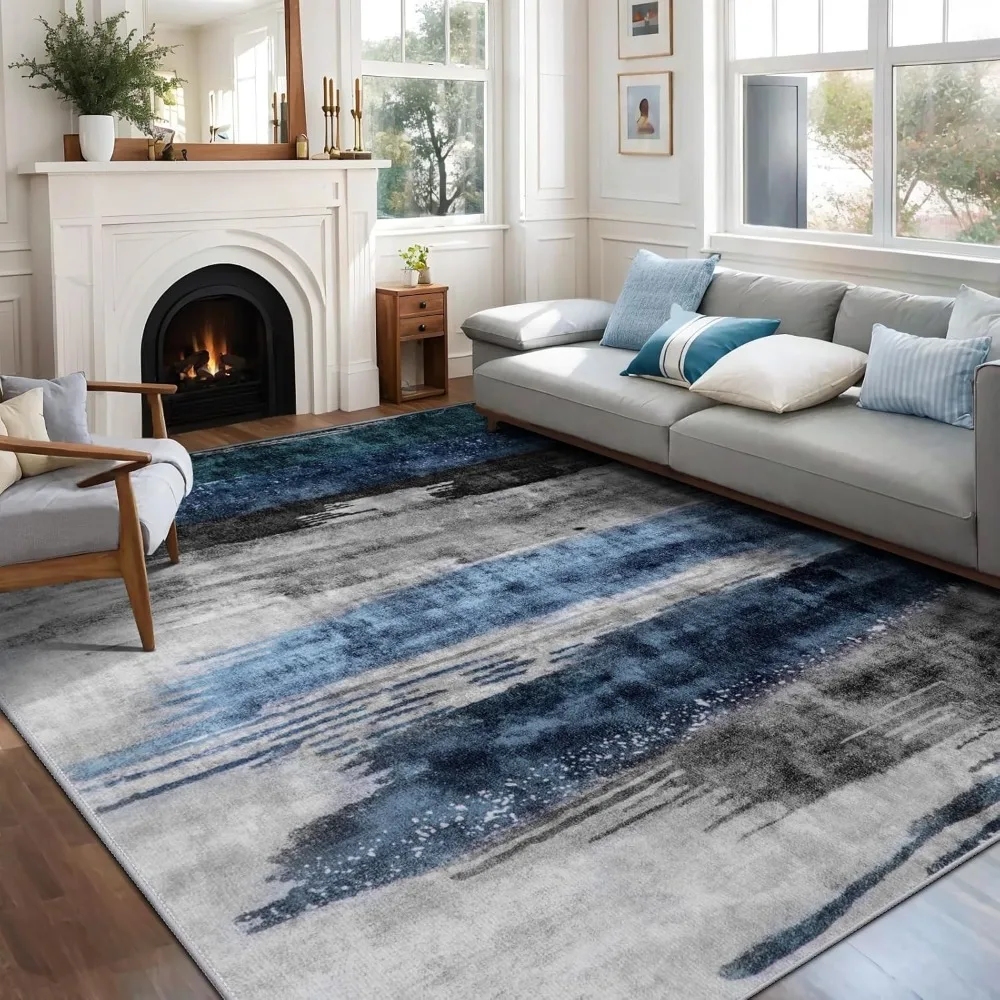 

Modern Abstract Deep Blue Gray Rug For Living Room, 8'x10' Machine Washable Area Rug Non-slip Rug, Low-pile Contemporary Indoor
