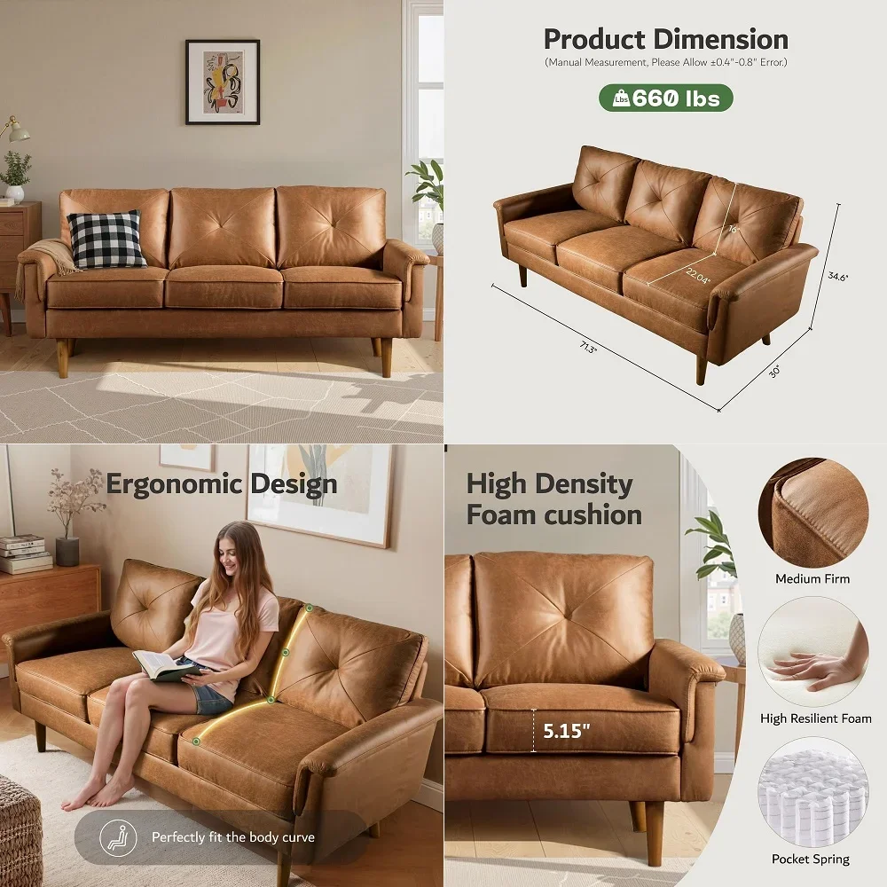 

Luxury 3 Seater Sofa with Faux Leather,MidCentury Modern Couch with Comfortable Armrest,Comfy Couches with Deep Seat,Small Sofa