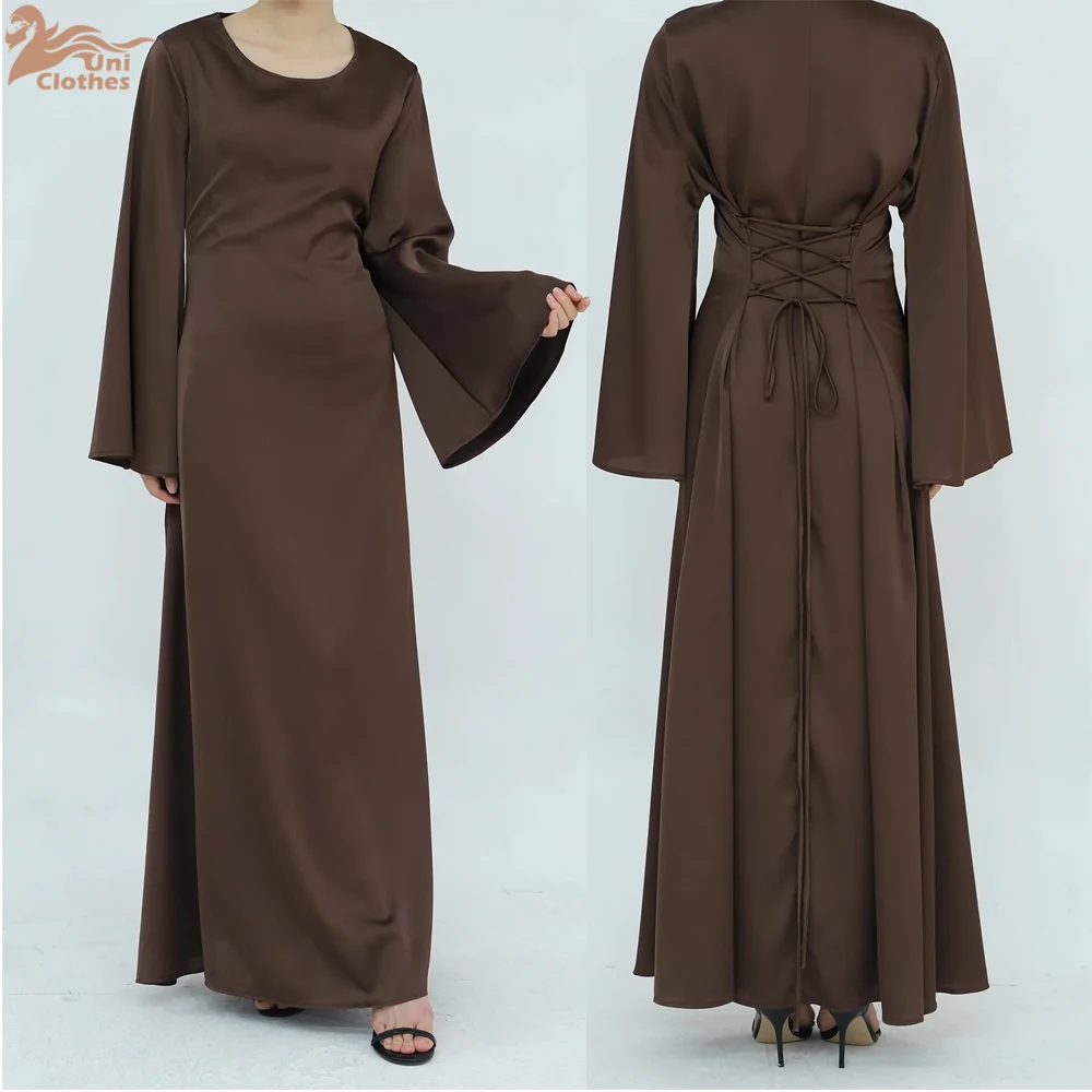 Uni Solid Color Elegant Modest Clothing Modest Dresses With Adjustable Belt Satin Women Dress Silk Abaya Muslim Women Dress