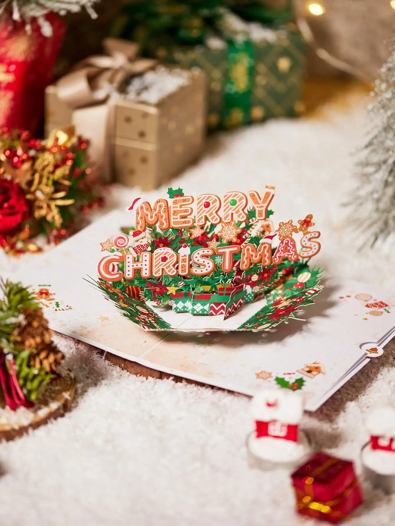 1 Stück Frohe Weihnachten Slogan Pop-Up-Karte, Geschenk für Sie, Weihnachtsgeschenke, Weihnachtsgrußkarte, Weihnachtskranzmuster