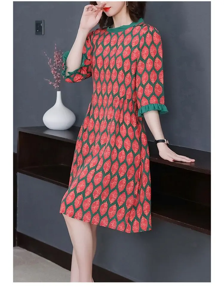 2023 New Vintage Silk Printed Dress For Women's Summer Fashion Versatile Round Neck Loose Fit Leisure Vacation Vestidos2023 New