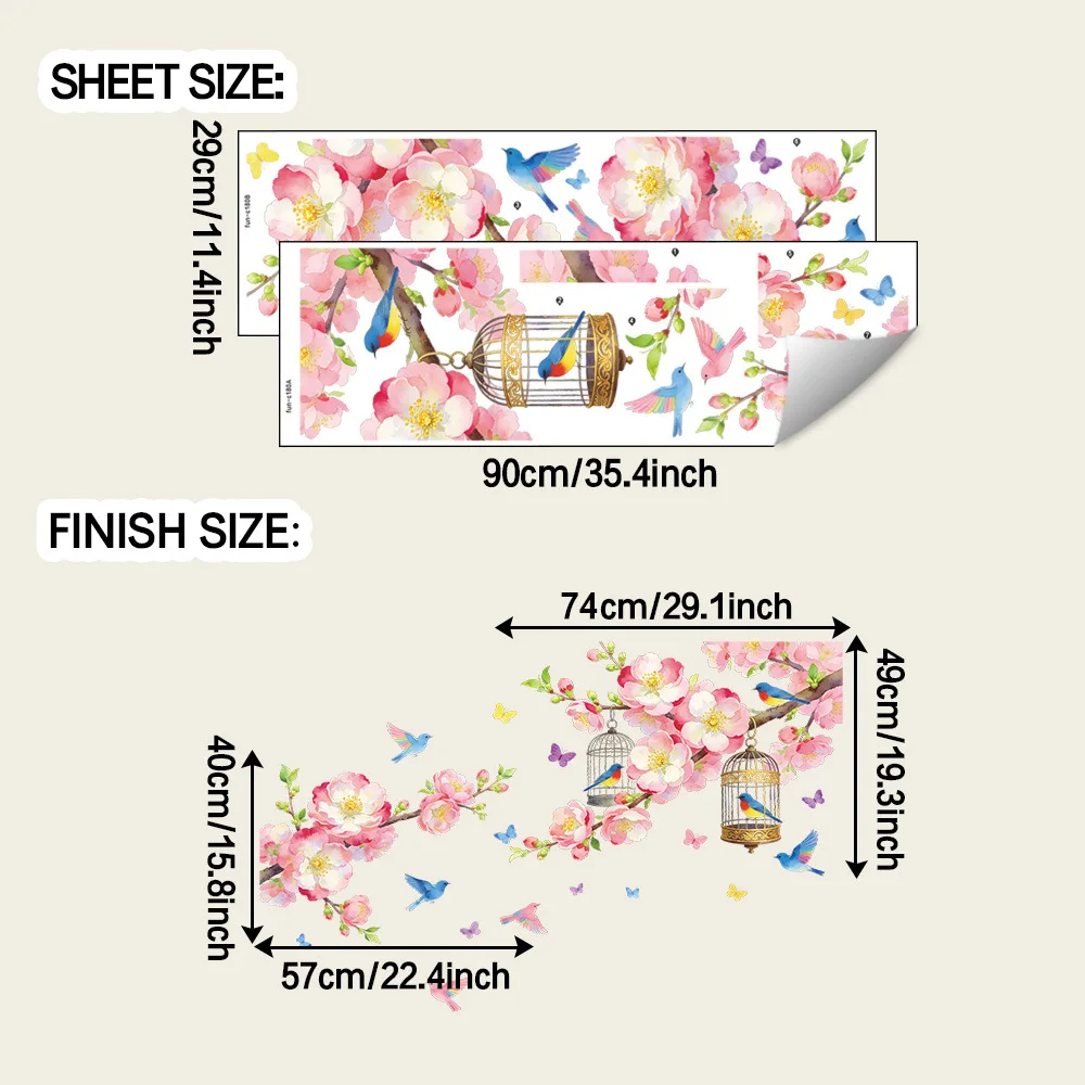Painted Peach Blossom Tree Branches Birdcage for Bedroom and Study Room Home Decoration Wall Beautification Wall Stickers