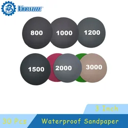 3 Inch Waterproof Sandpaper 30 Pcs Assorted 800-3000 Grit Hook and Loop for Polishing and Sanding Metal Car Body Woodworking