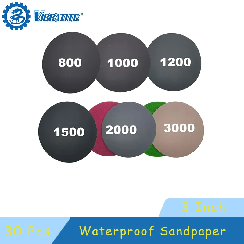 3 Inch Waterproof Sandpaper 30 Pcs Assorted 800-3000 Grit Hook and Loop for Polishing and Sanding Metal Car Body Woodworking