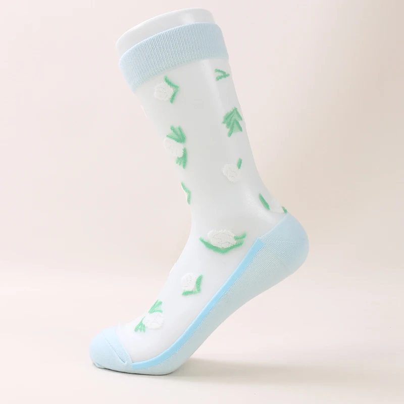 DONG AI Cartoon Flower Ultrathin Glass Silk Sock Japanese Korea Style Casual Creative Transparent Crystal Silk Trend Women Socks