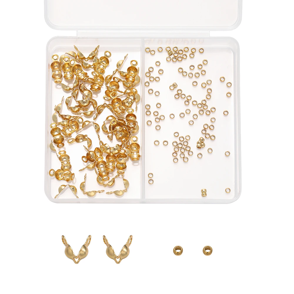 150pcs/Box 18K Gold Color Plated Ball Chain Connector Clasps Calottes End Crimps Beads for DIY Bracelet Necklace Jewelry Making